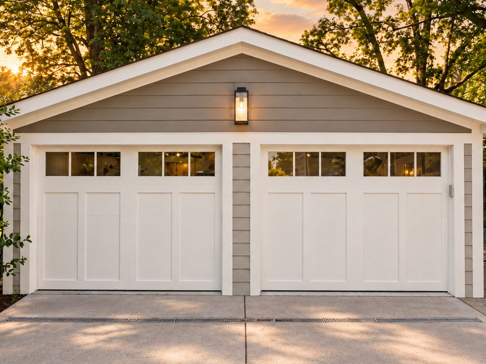 The same garage rebuilt by Revival Construction, with carriage-style doors, new siding and a lantern at dusk