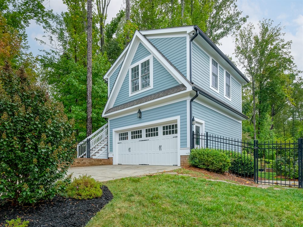 The finished two-story garage with a guest suite above, built by Revival Construction in Davidson