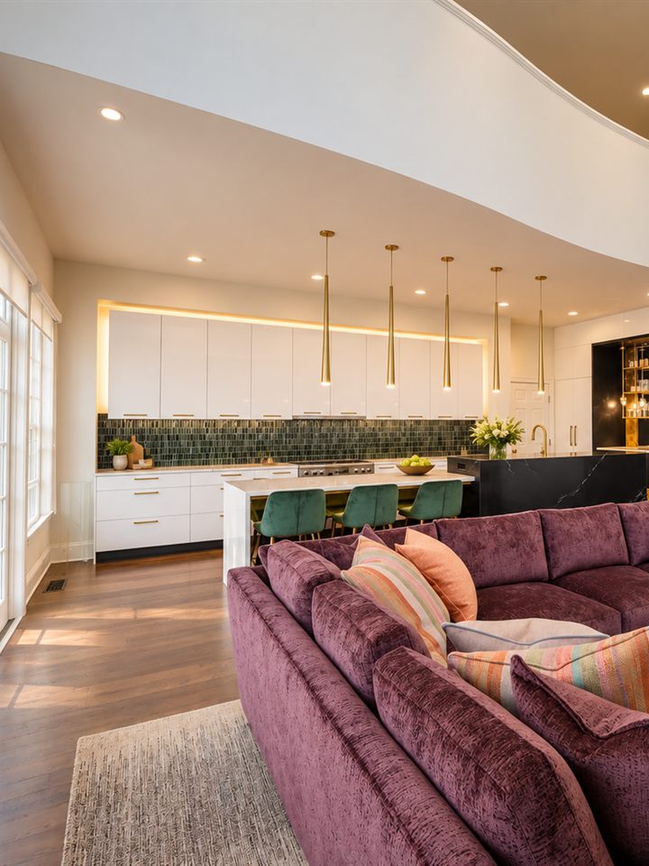 The same SouthPark great room after renovation by Revival Construction, with a new kitchen wall and living area