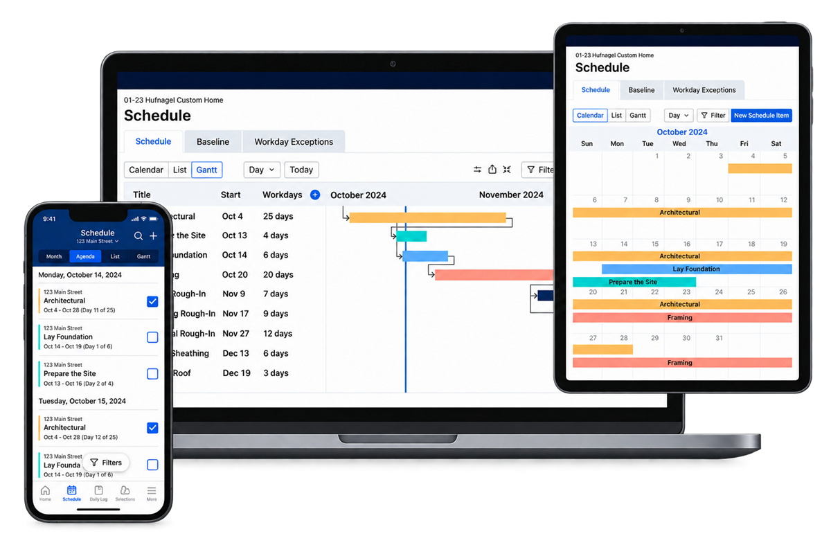 The live Buildertrend schedule on a laptop, a tablet and a phone