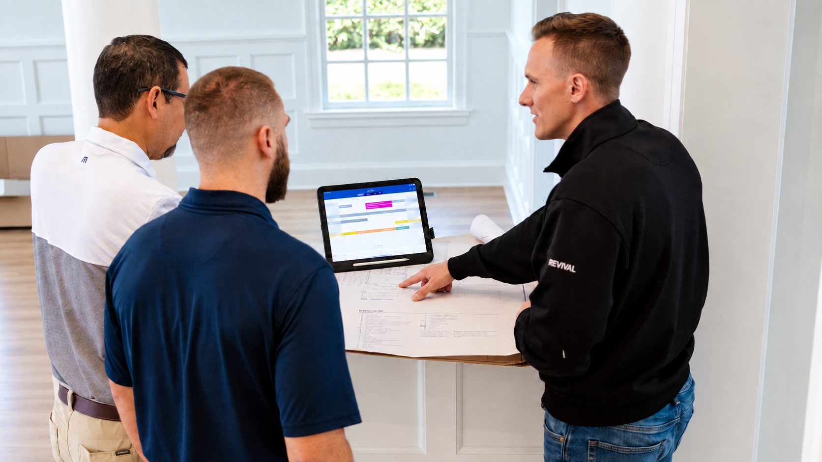 The Revival team reviewing project plans alongside the live Buildertrend schedule