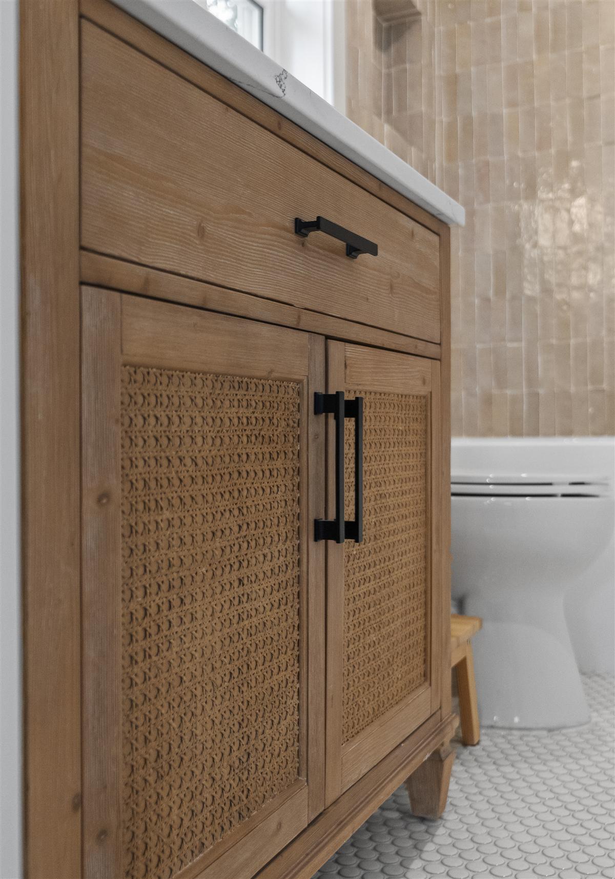 Cane-front walnut vanity, Charlotte ADU