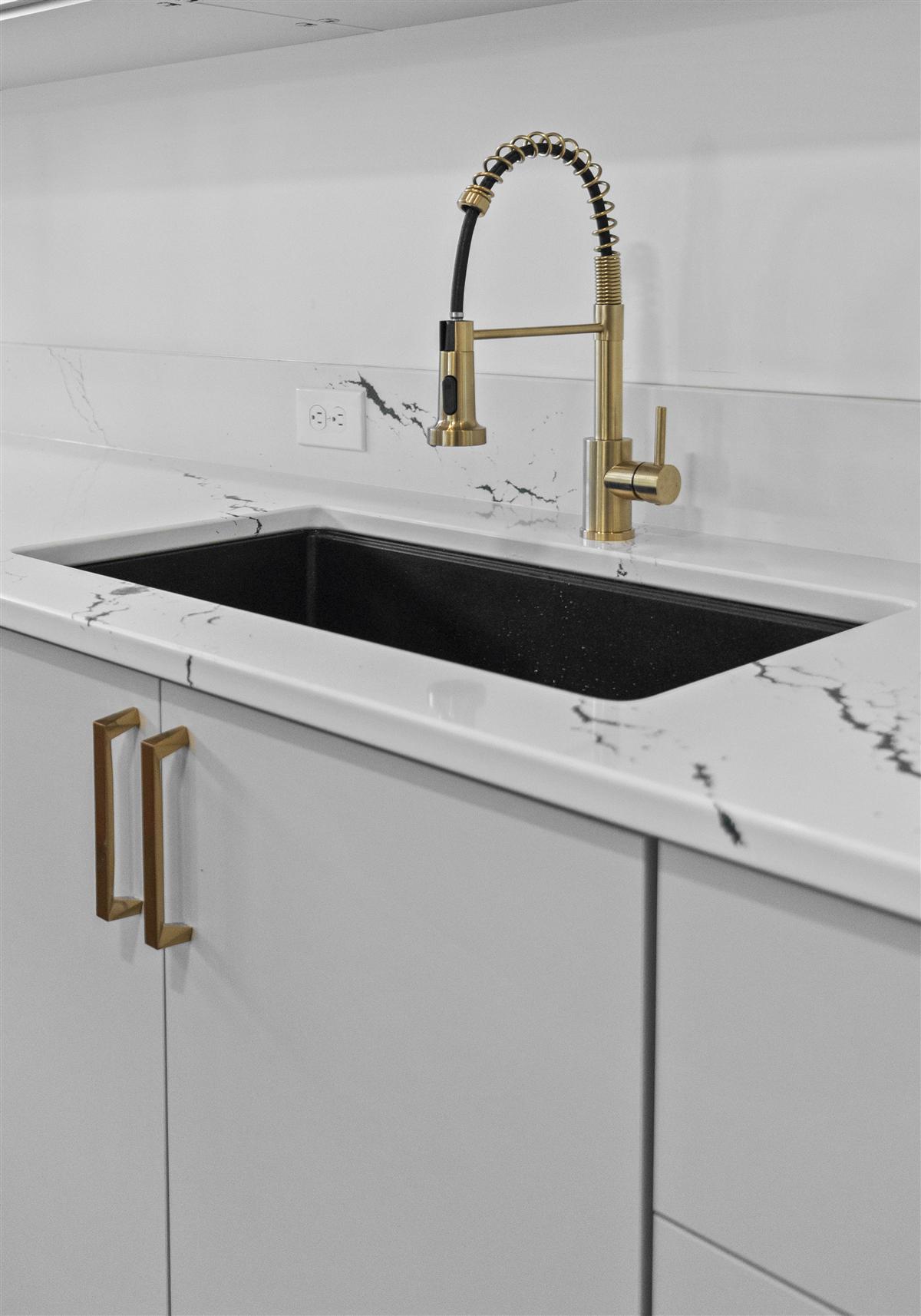 Kitchenette sink with a brass pull-down faucet, Charlotte ADU