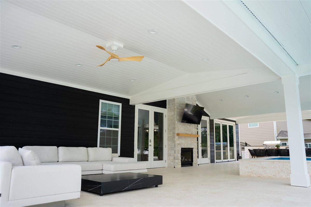 Porch sofa, fireplace and outdoor kitchen, Denver outdoor living