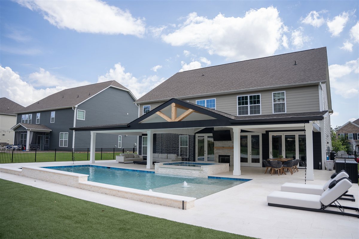 Backyard pool, spa and covered porch, Denver outdoor living