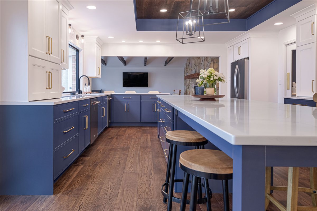 Blue and white kitchen with an island and bar stools, Moss Lake kitchen