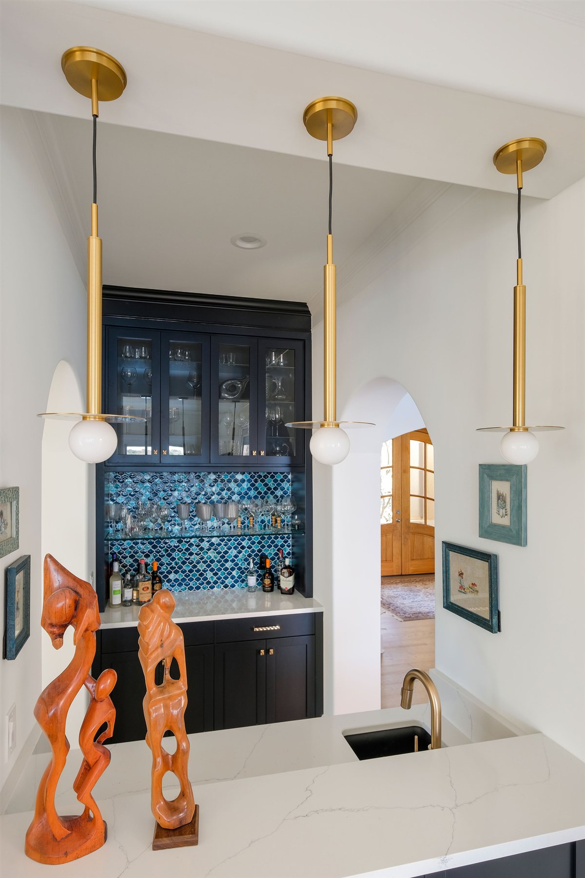 Blue tile bar niche with wall art, Lake Wylie renovation