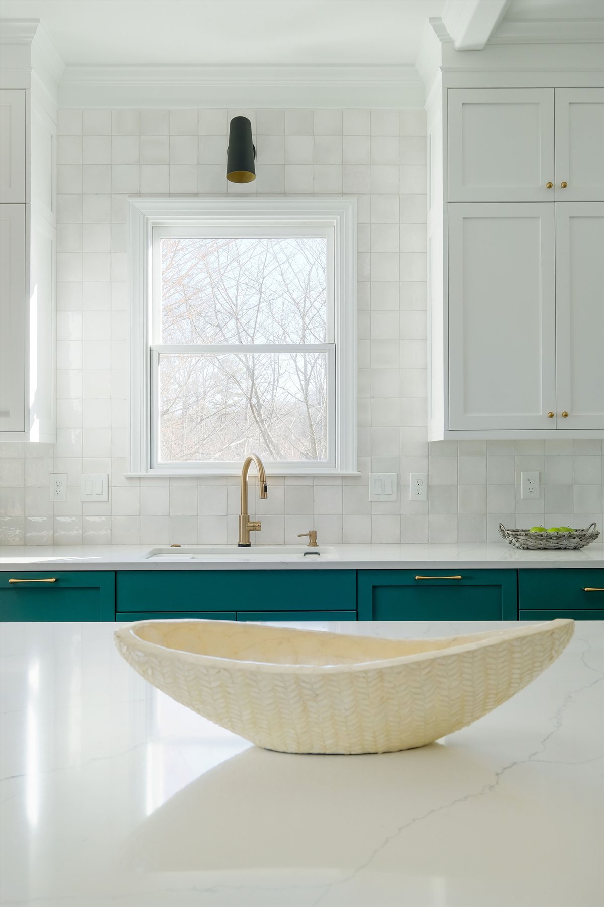 White farmhouse sink under a window, Lake Wylie kitchen
