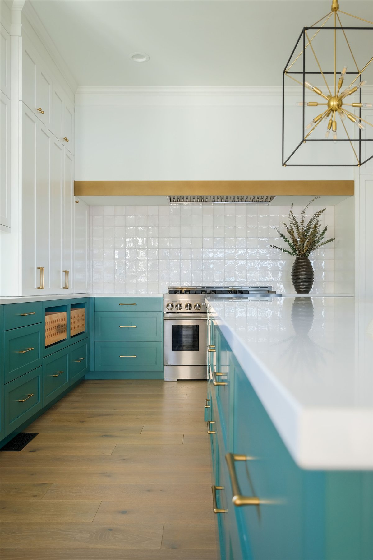 Teal island base and white cabinetry, Lake Wylie kitchen