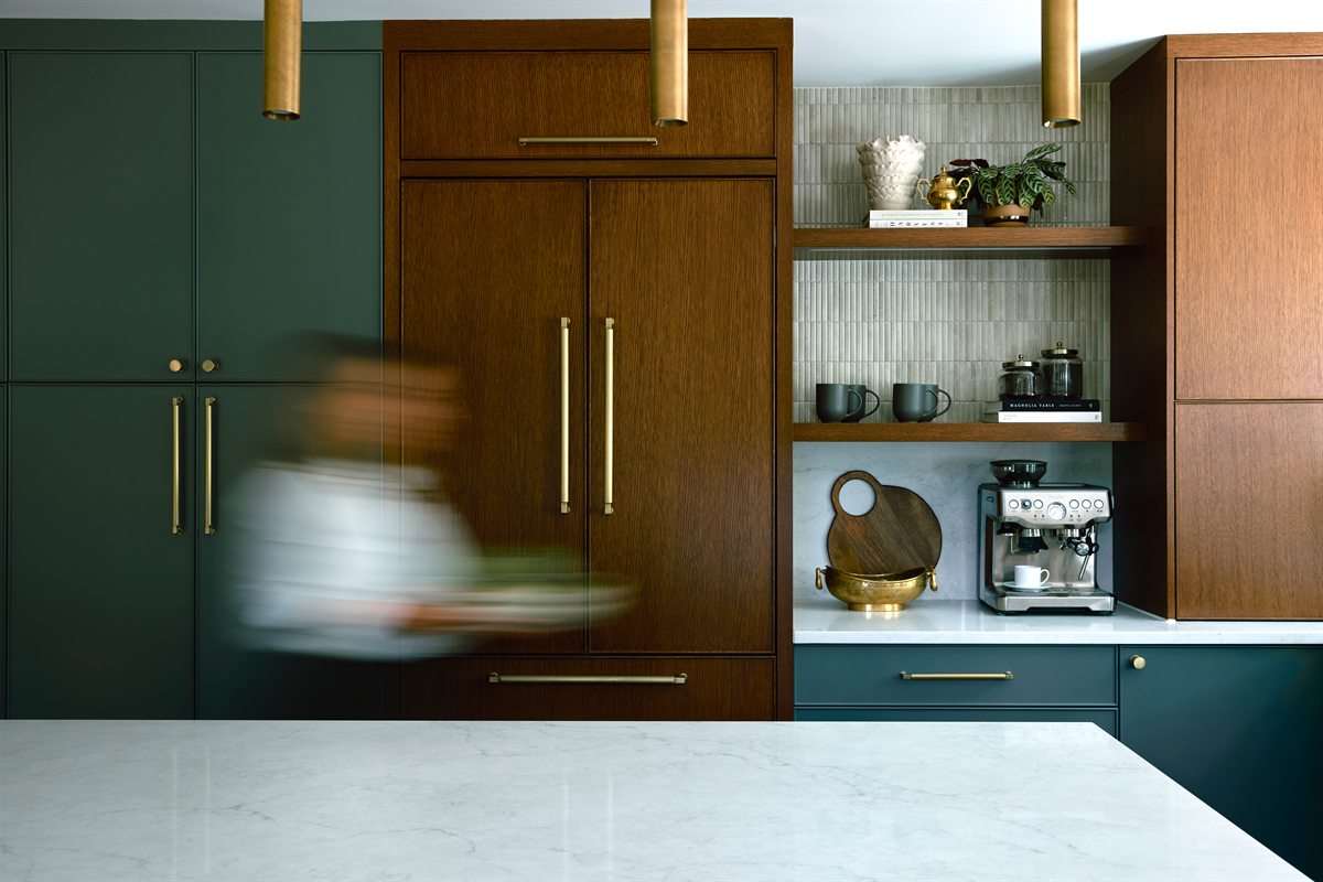 Wood-paneled refrigerator and coffee station with open shelves, Lansdowne kitchen, Charlotte