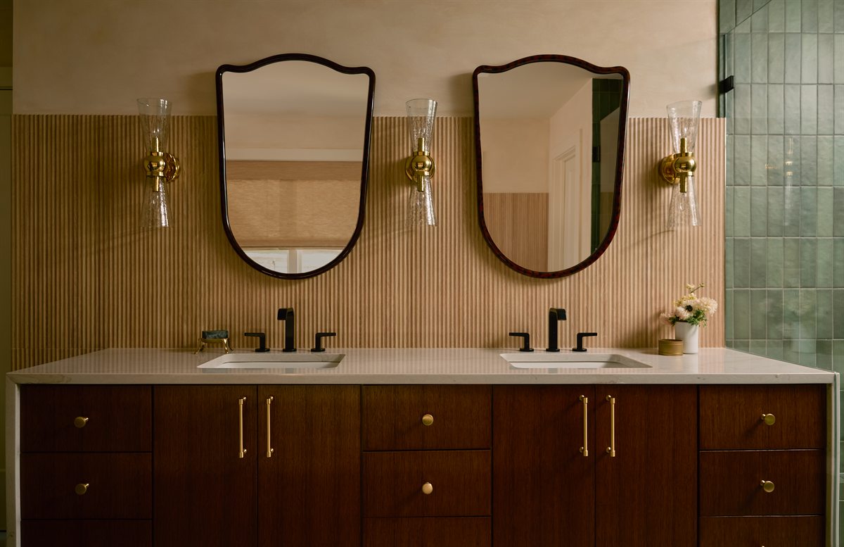 Primary bath double vanity in warm wood with shield mirrors in the new addition, Lansdowne, Charlotte