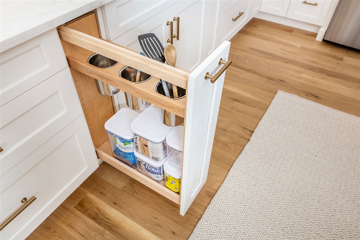 Pull-out cabinet organizer for utensils and supplies, Monroe kitchen