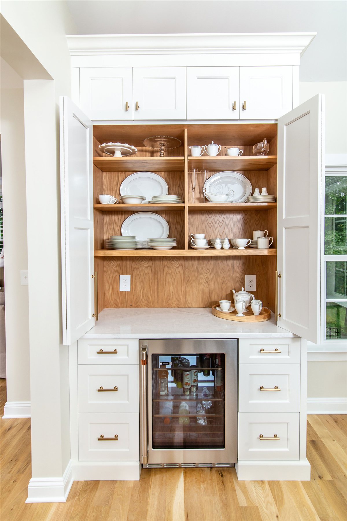 Hutch with open wood shelving and a beverage fridge, Monroe kitchen