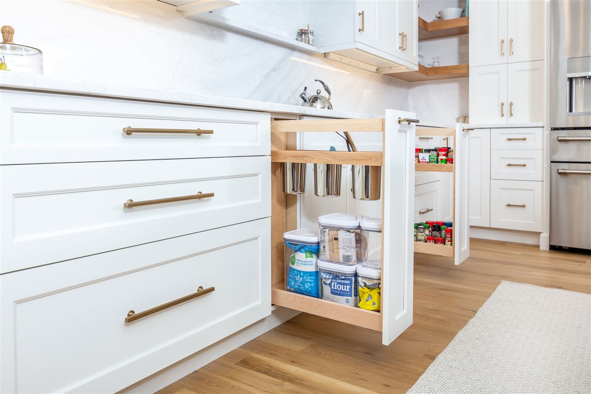 Pull-out organizer in white cabinetry, Monroe kitchen