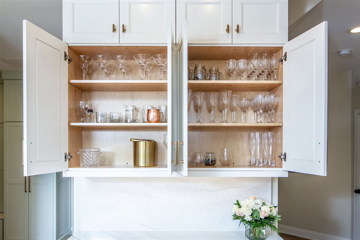 Open cabinet with glassware shelves, Monroe kitchen