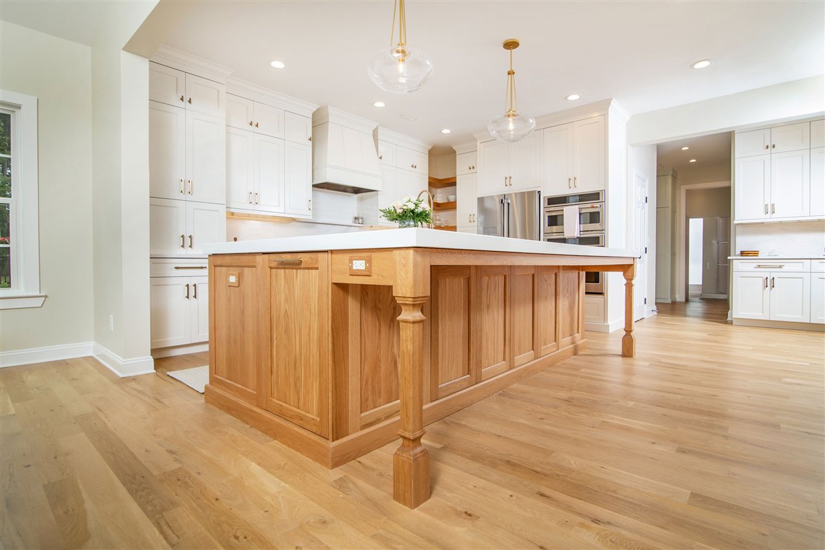 Natural wood island with turned legs, Monroe kitchen