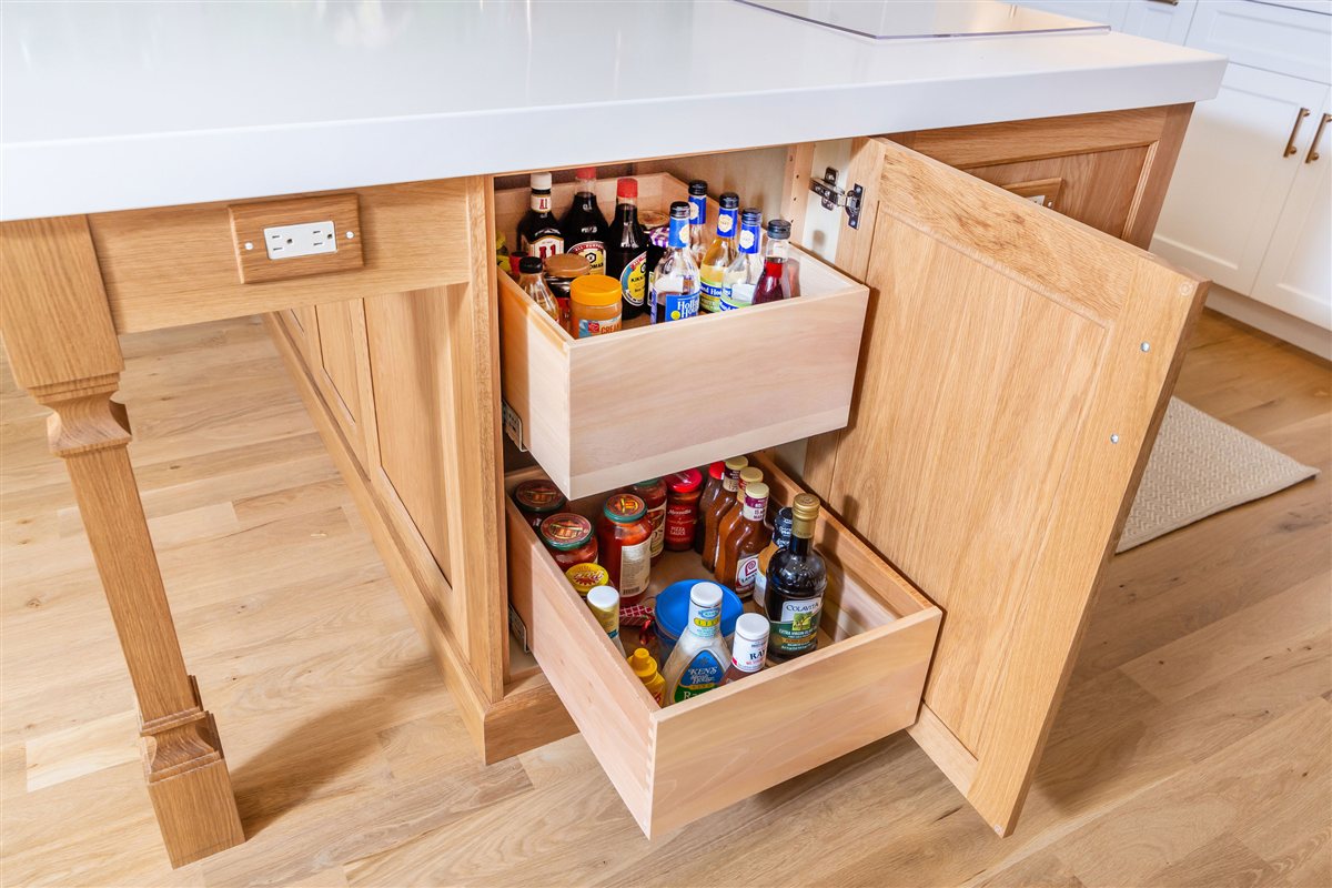 Pull-out shelves in the island end cabinet, Monroe kitchen