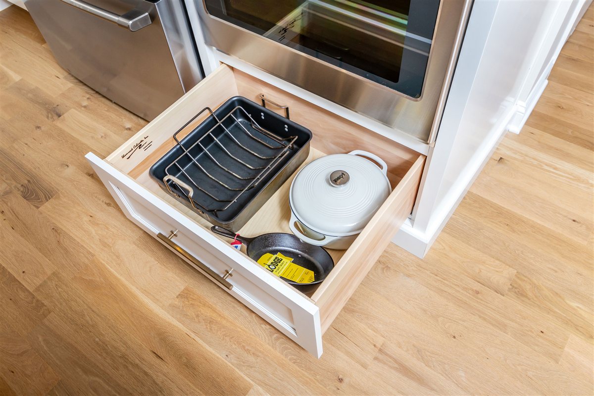 Drawer holding baking pans and a Dutch oven, Monroe kitchen