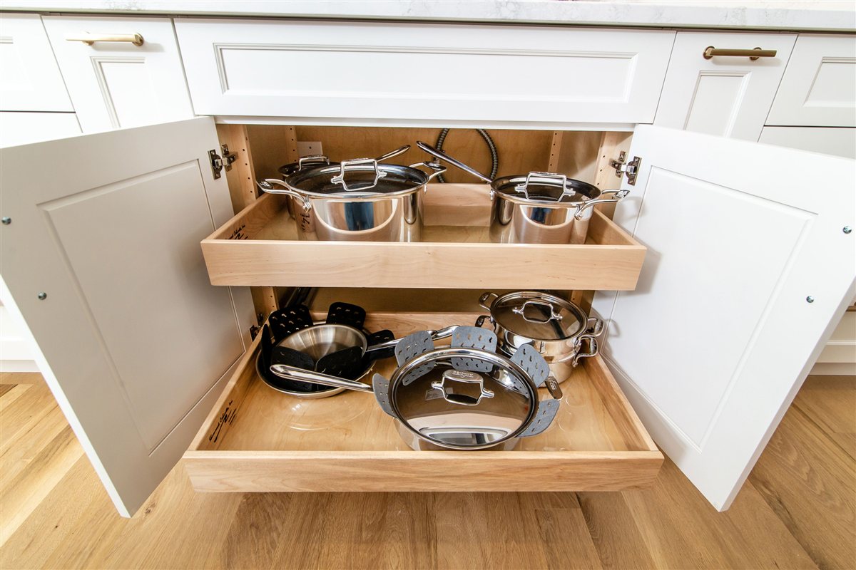 Pot and pan pull-out shelves in a corner cabinet, Monroe kitchen