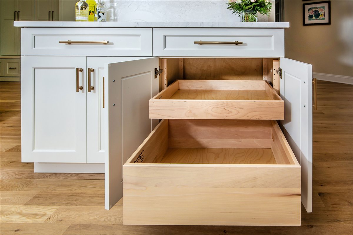 Deep wood drawers in white cabinetry, Monroe kitchen