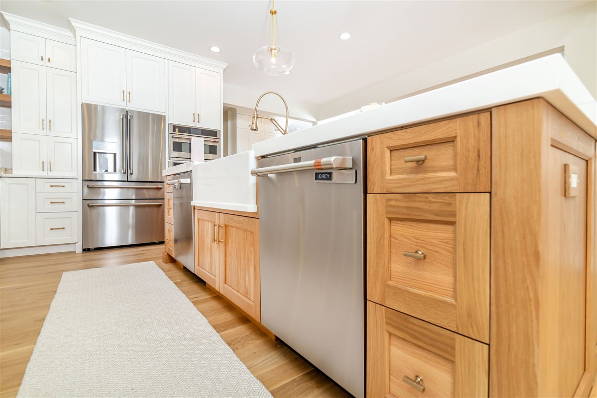 Wood island with a dishwasher and drawer stack, Monroe kitchen