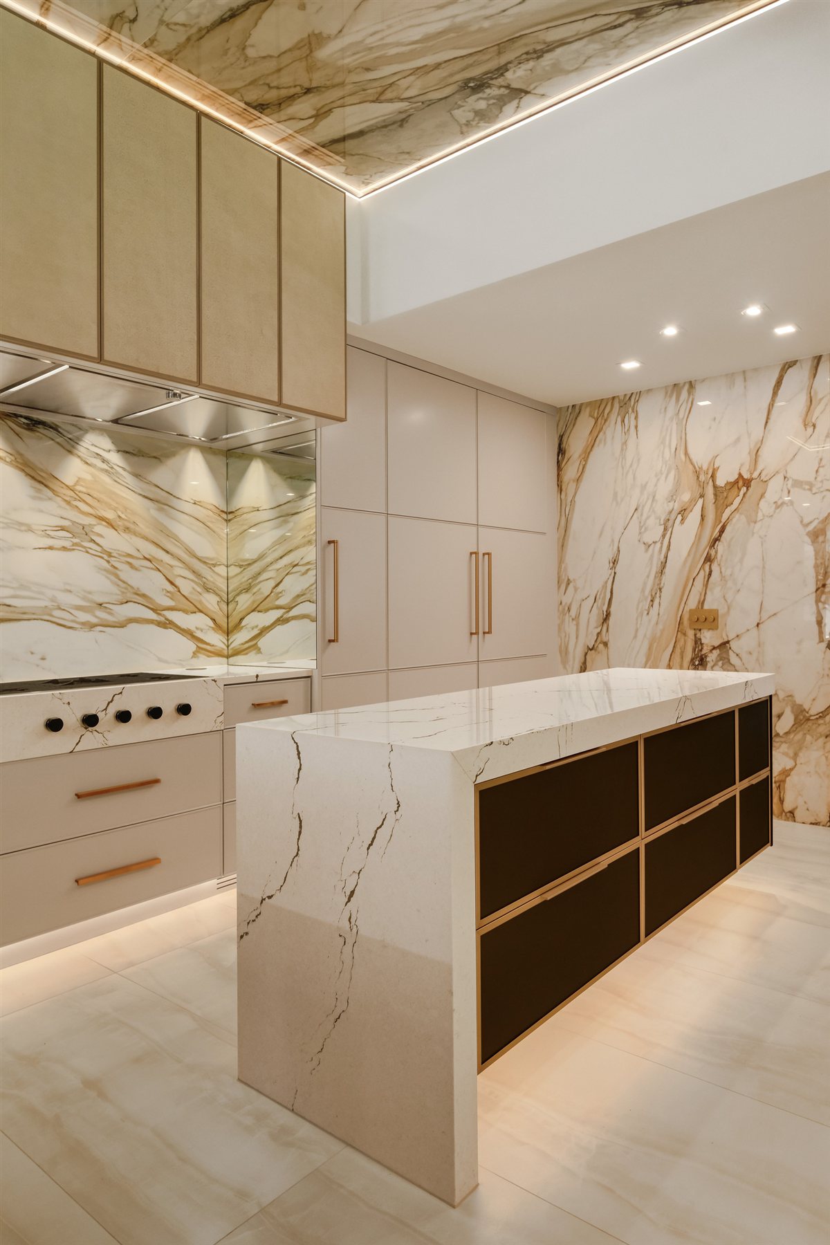 Quartz waterfall island and pantry wall, Pellyn Wood renovation
