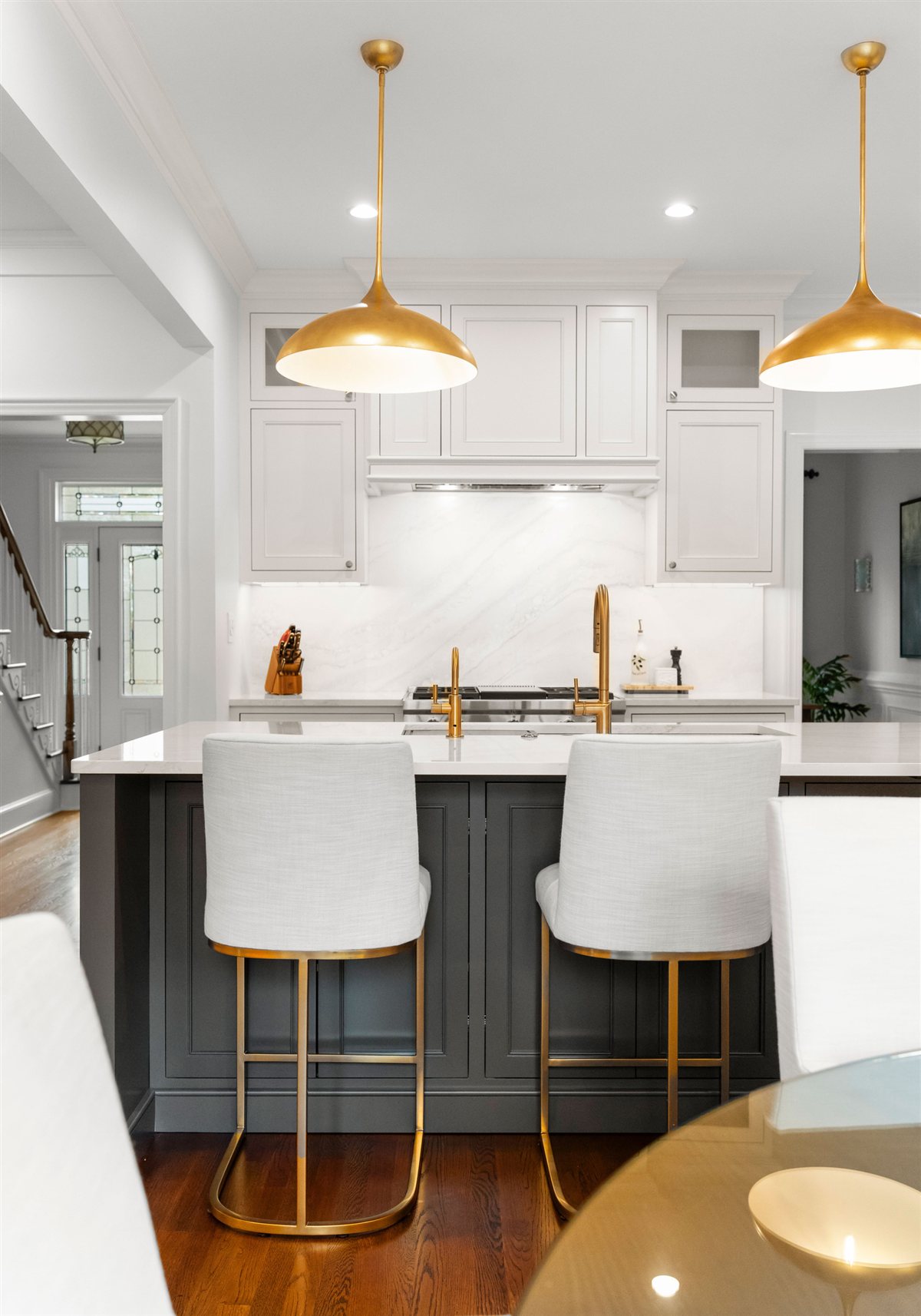 Island seating with white stools, Providence Plantation kitchen