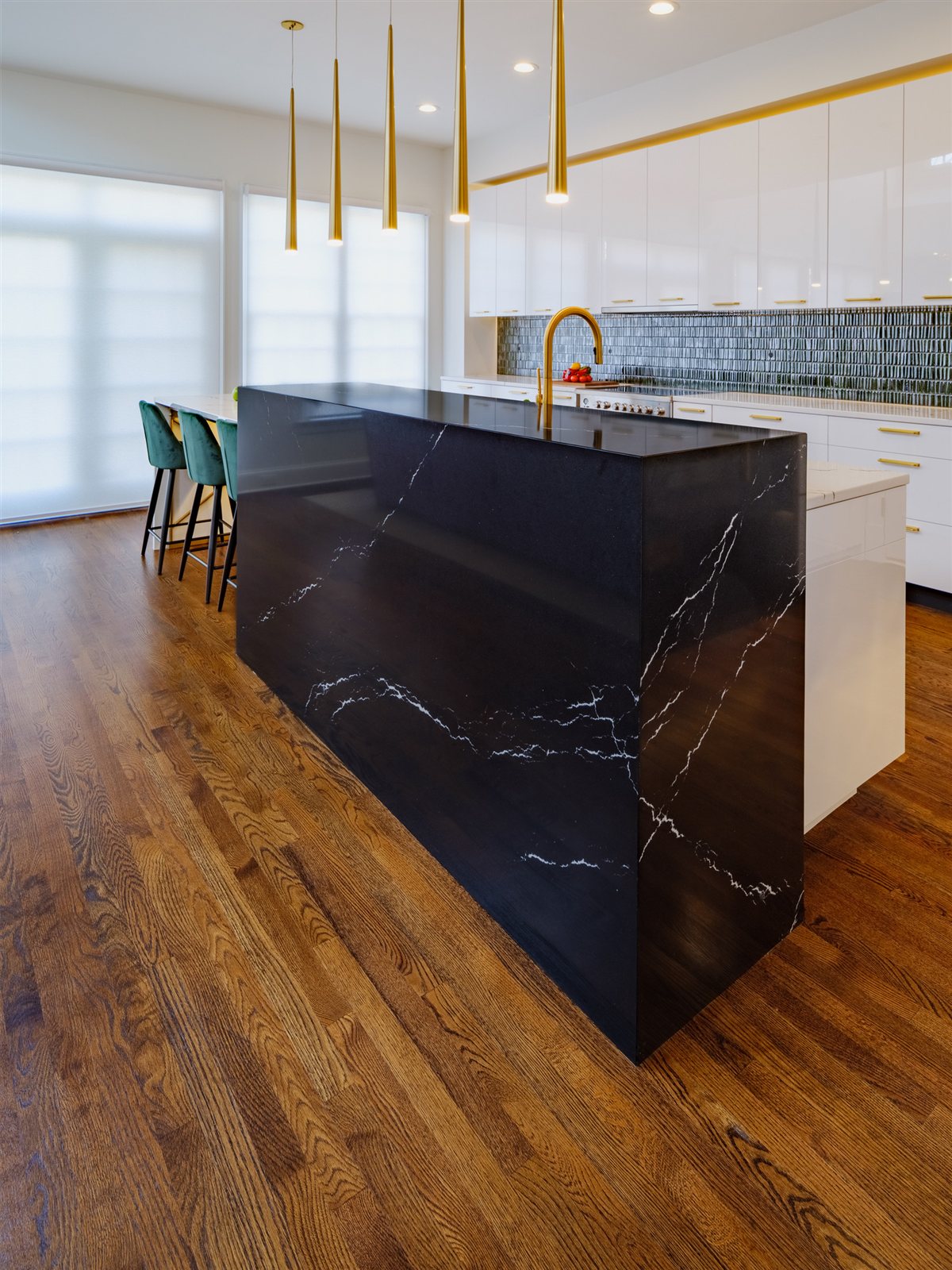 Custom black stone cube beside the kitchen island, SouthPark kitchen