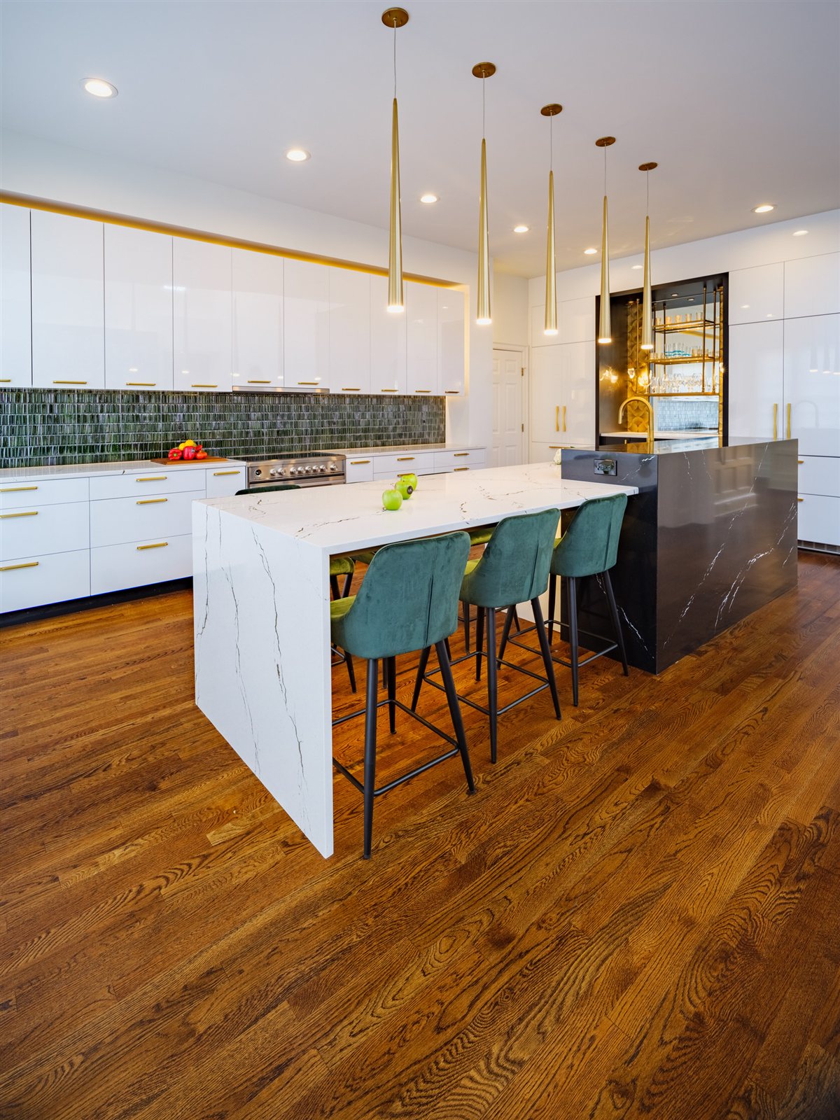 Kitchen island and range wall with green tile, SouthPark kitchen