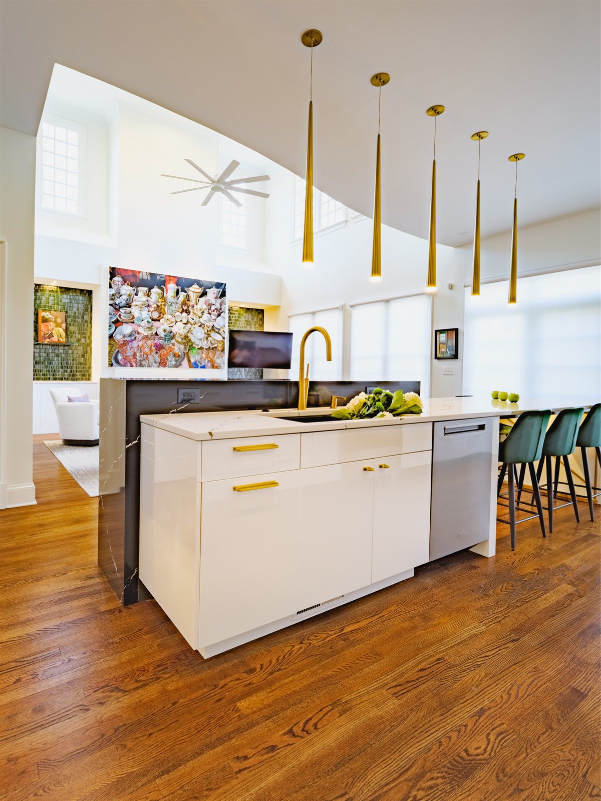Kitchen island and pendant lights in a two-story room, SouthPark kitchen