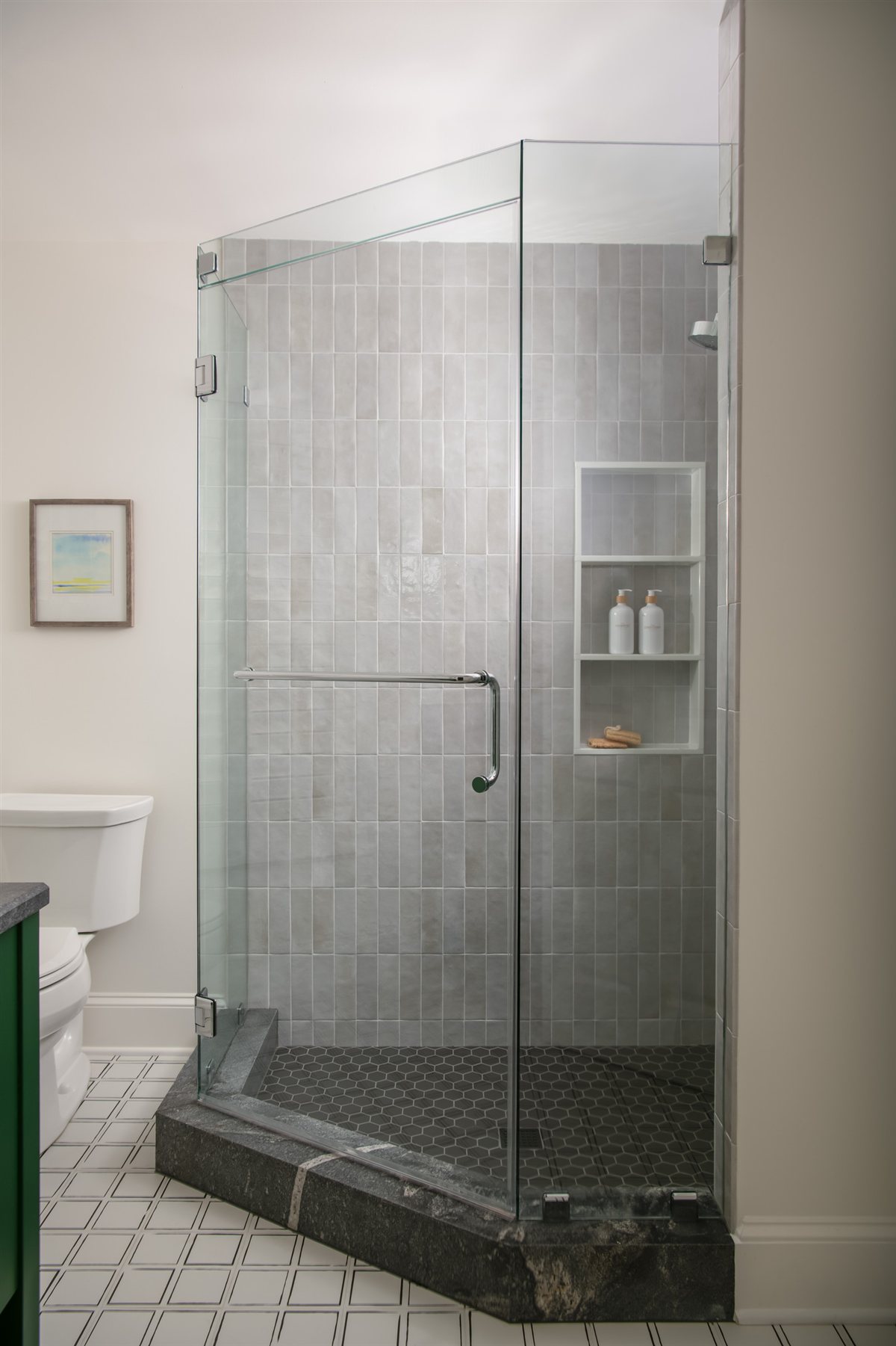 Corner glass shower with gray tile, Valencia Terrace renovation