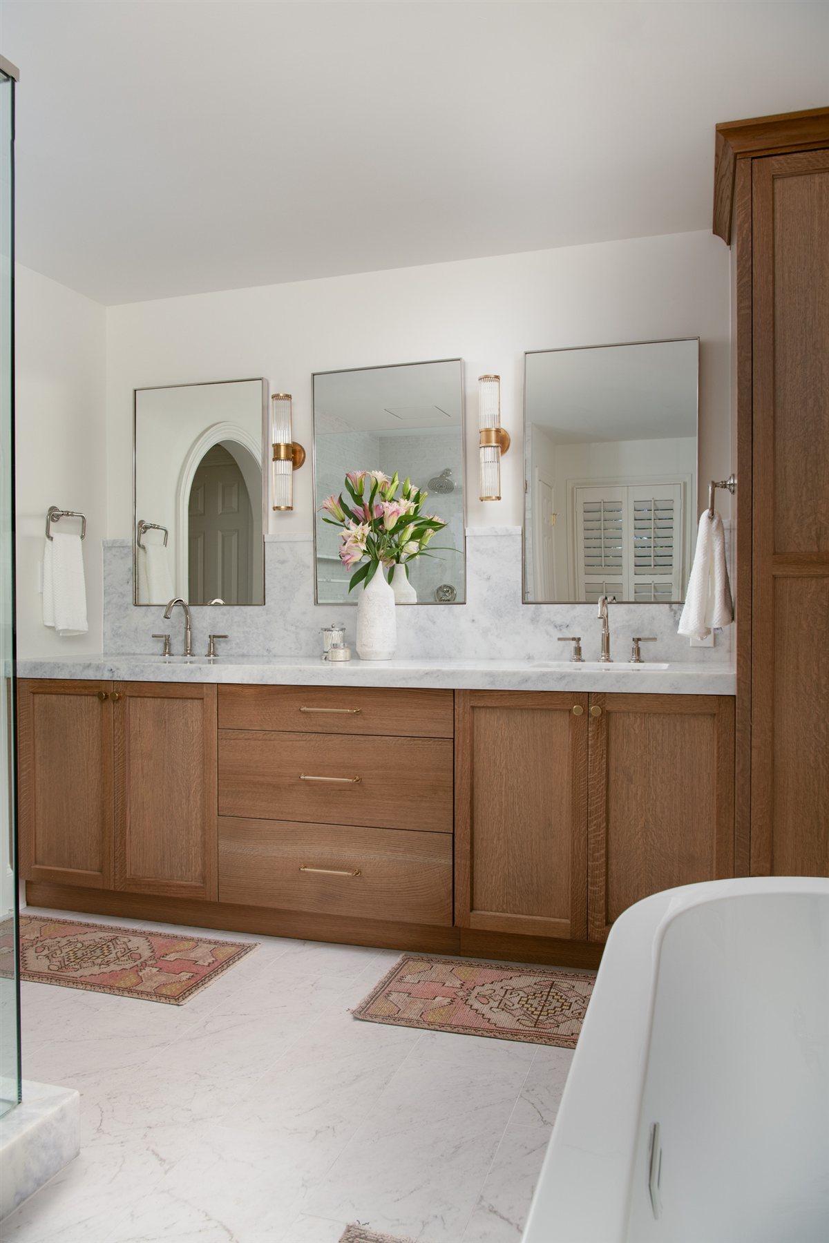 Wood double vanity with arched mirrors, Valencia Terrace addition
