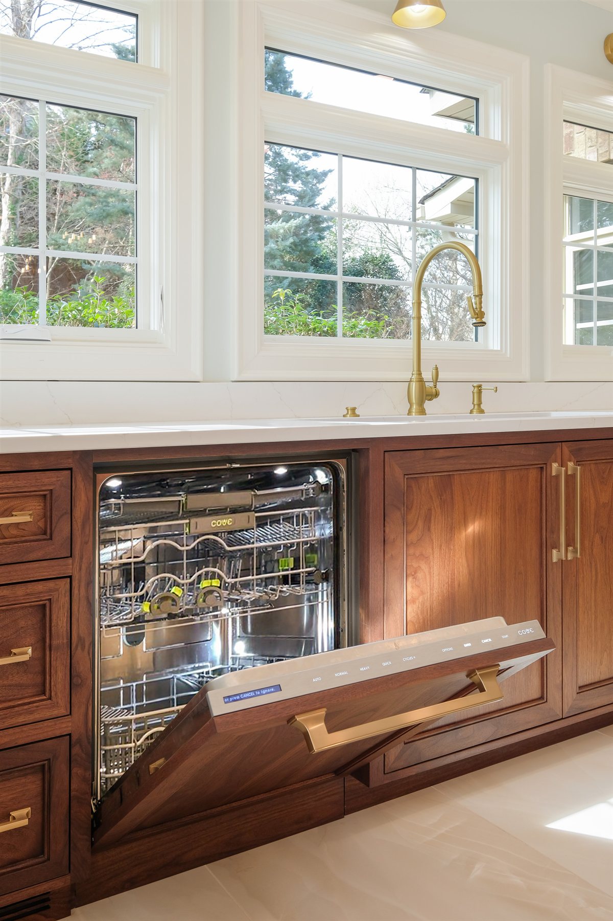 Walnut cabinet with a built-in wine fridge, Waxhaw kitchen